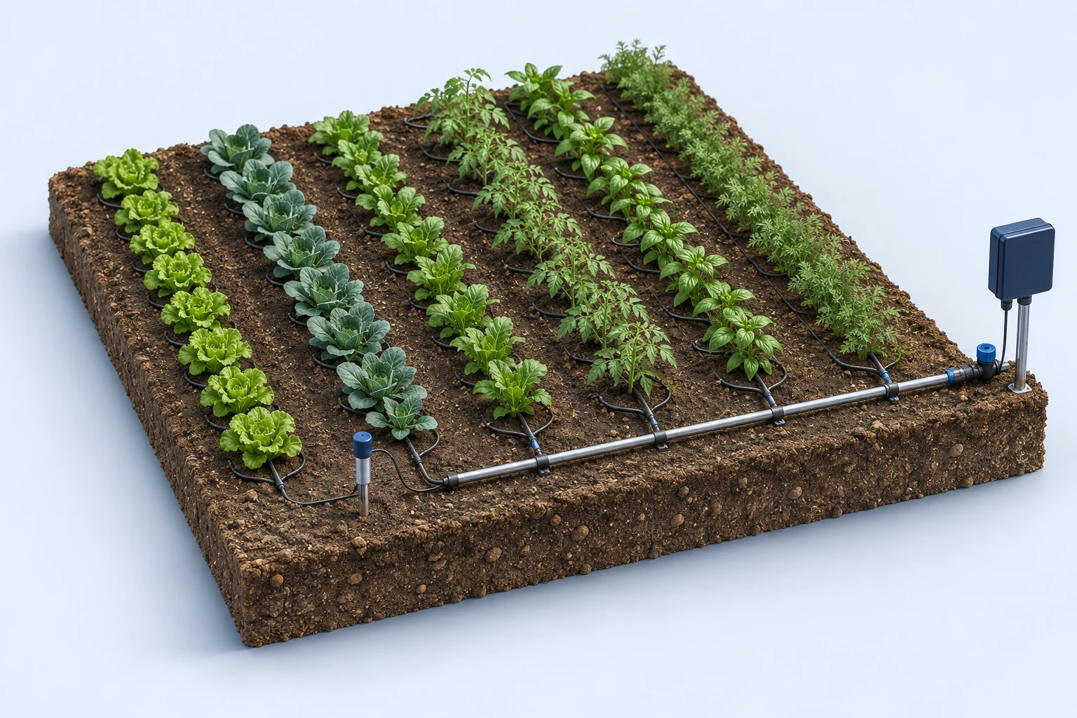 Illustration of planted crop rows with drip irrigation, a soil probe and a connected field controller.