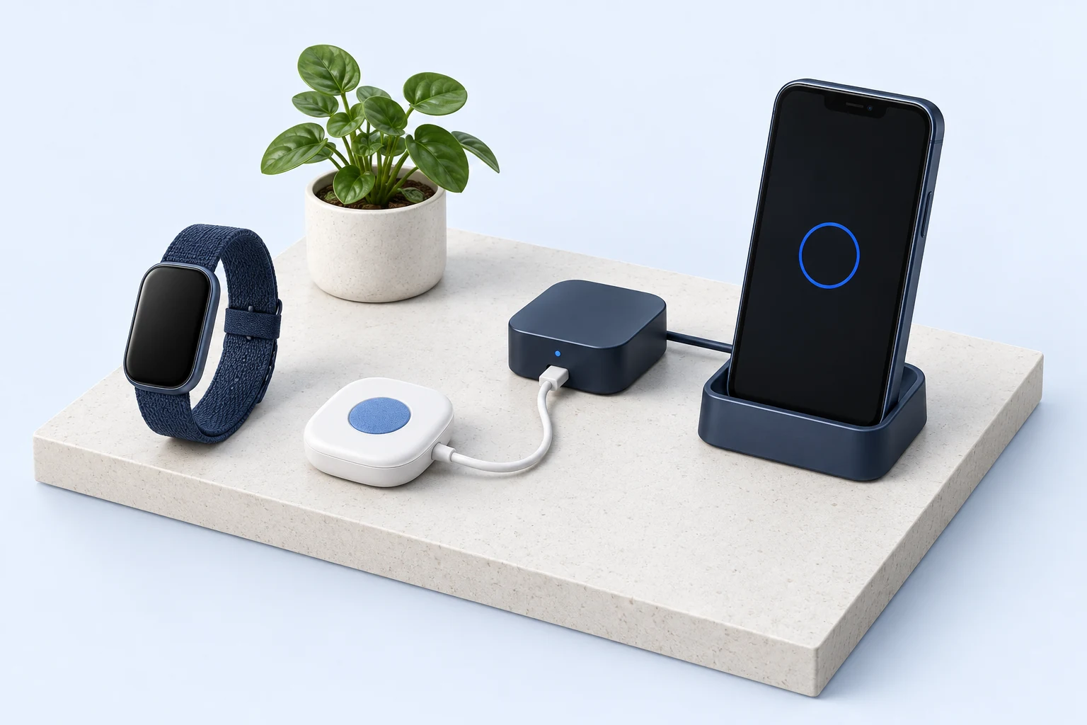 Illustration of a wearable, connected sensor and mobile app arranged as a device ecosystem.