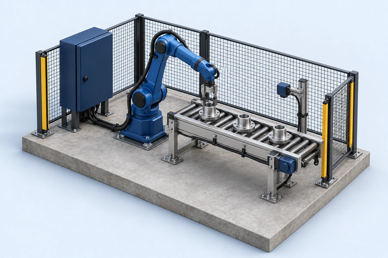 Illustration of a robotic arm, roller conveyor, equipment sensor and control cabinet on a production floor.