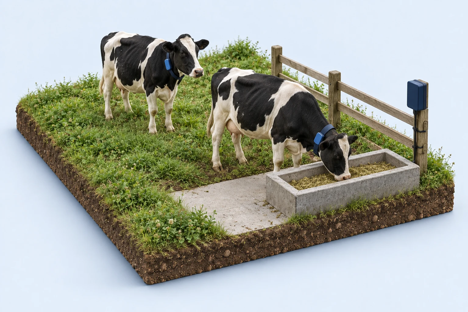 Illustration of dairy cattle wearing monitoring collars beside a feed trough and a gateway on the pasture fence.
