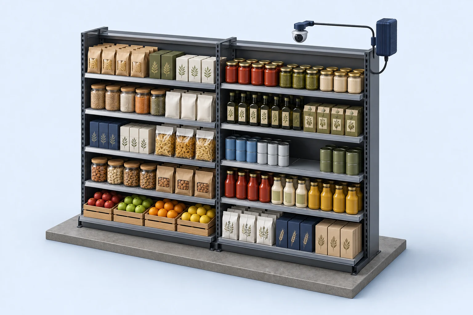 Illustration of stocked supermarket shelves with a visible stock gap and a mounted monitoring camera.