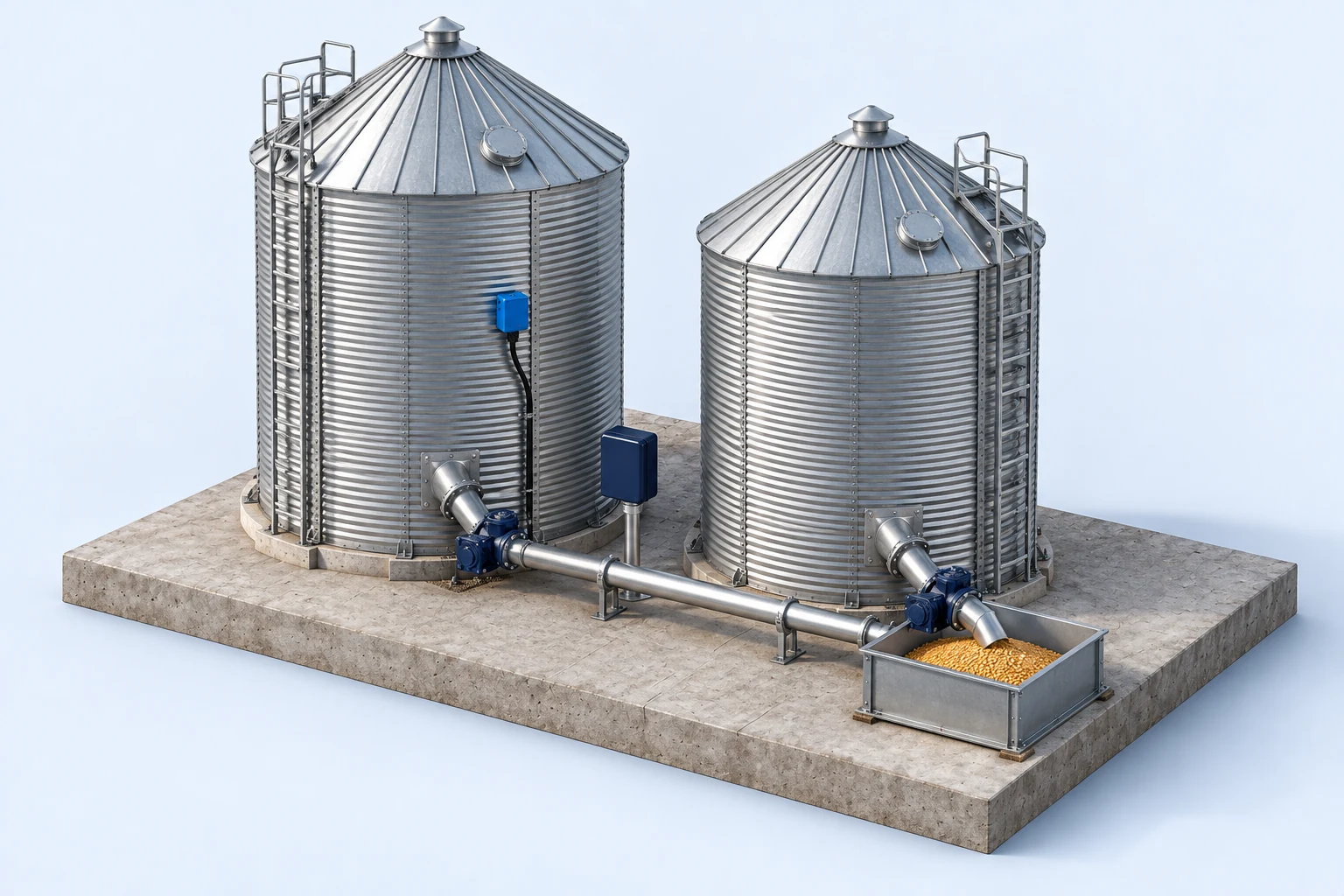 Illustration of two grain silos with monitoring equipment, access ladders and a connected collection area.